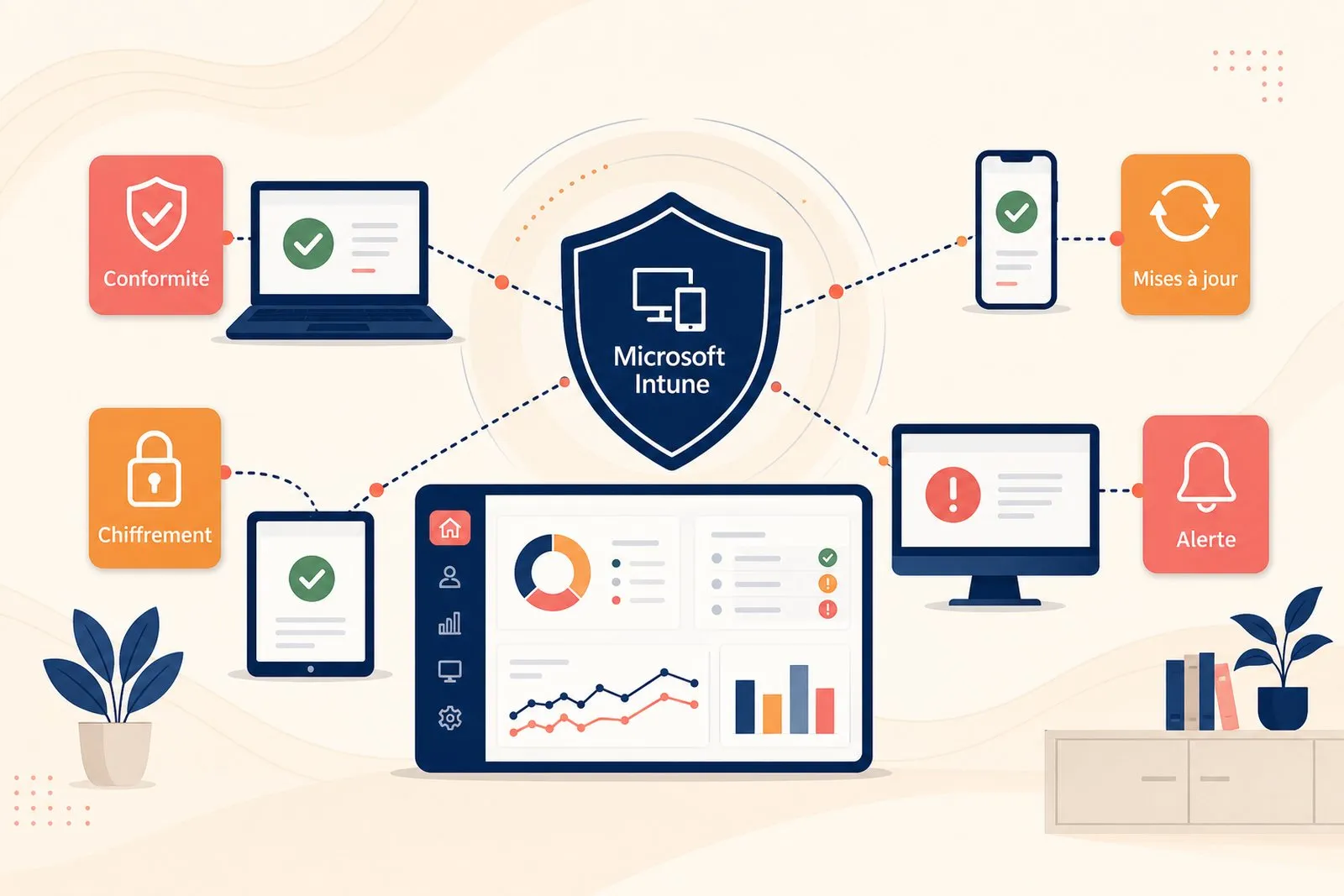 Un administrateur contrôle le chiffrement, l'antivirus et les mises à jour des appareils dans un tableau de conformité