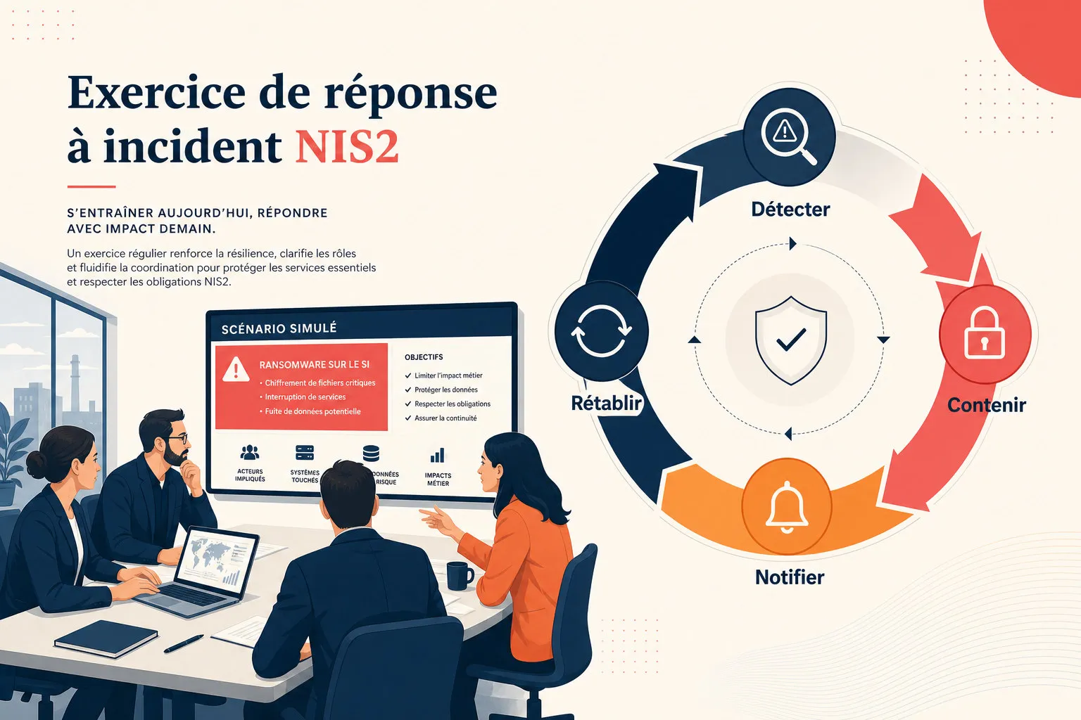Une équipe métier et informatique déroule la chronologie d'un exercice de réponse à incident