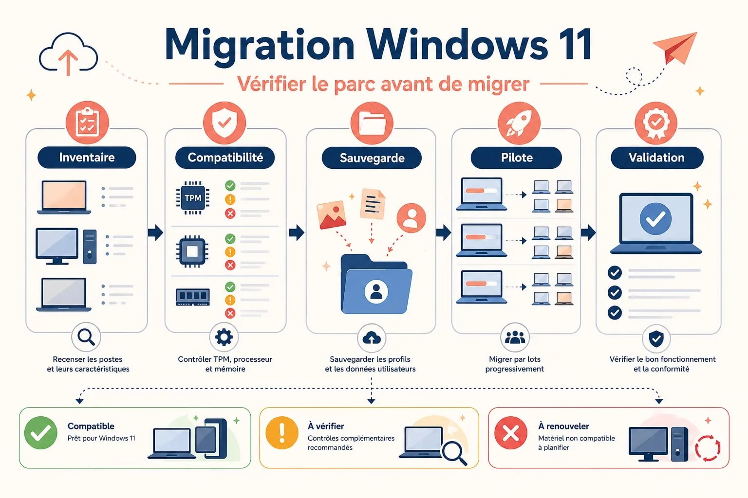 Un technicien classe les postes compatibles avec Windows 11, ceux à remplacer et les cas métier